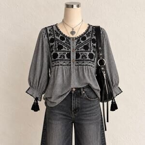 Sister Mary Embroidered Plaid Babydoll Tunic Blouse Boho Twee Indie Folk Sz. XS